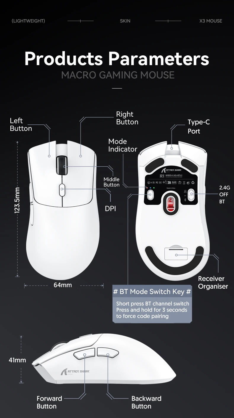 R1 Superlight Mouse Bluetooth 2.4G Wireless Gaming Mouse PixArt PAW3311 Gaming Sensor 6 Adjustable DPI for Office Game