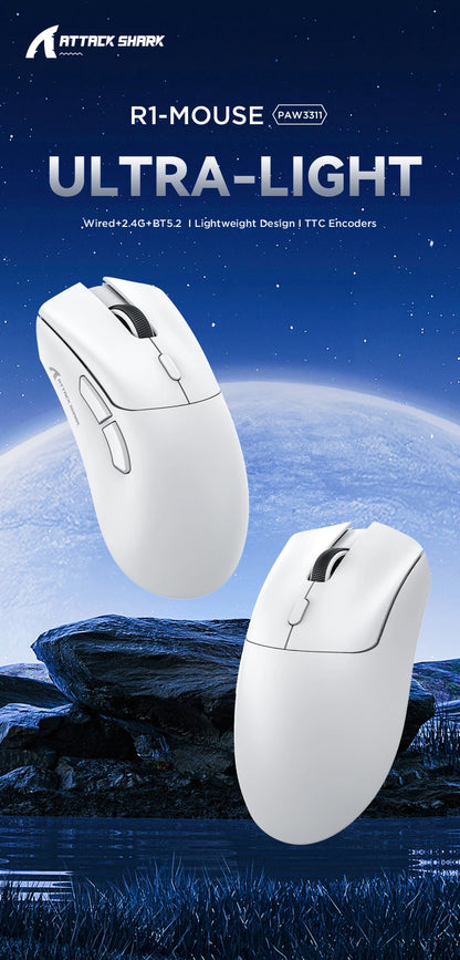 R1 Superlight Mouse Bluetooth 2.4G Wireless Gaming Mouse PixArt PAW3311 Gaming Sensor 6 Adjustable DPI for Office Game